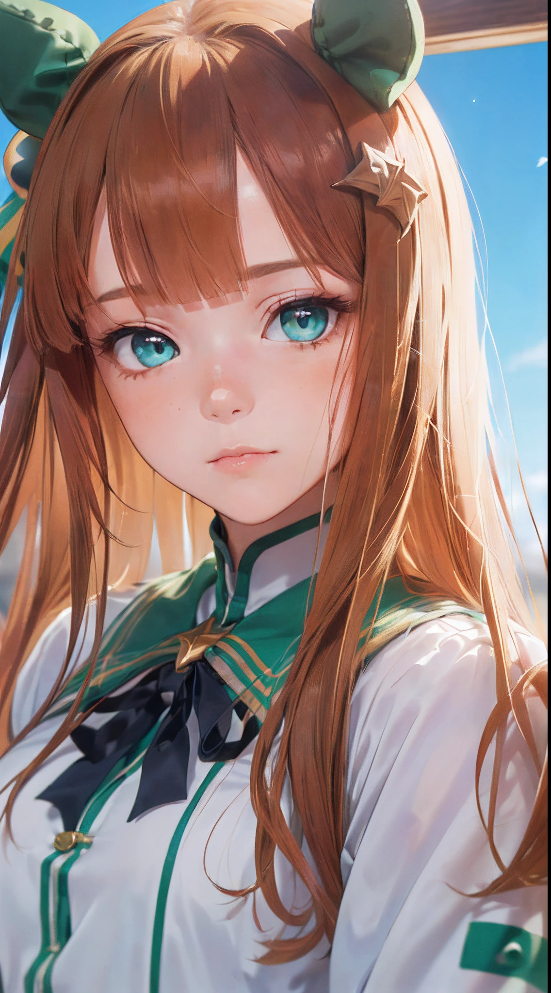 (Masterpiece), (Best Quality), (hight resolution), (1girl), Quiet Suzuka, (Uma Musume), brown hair, Cyan eyes, quiff,(Beautiful and smooth skin), (((Only the head in the frame))), (((a perfect face))), (((a lot of details))), (((random view))), (((A unique picture))), (((Random emotion on the face)))