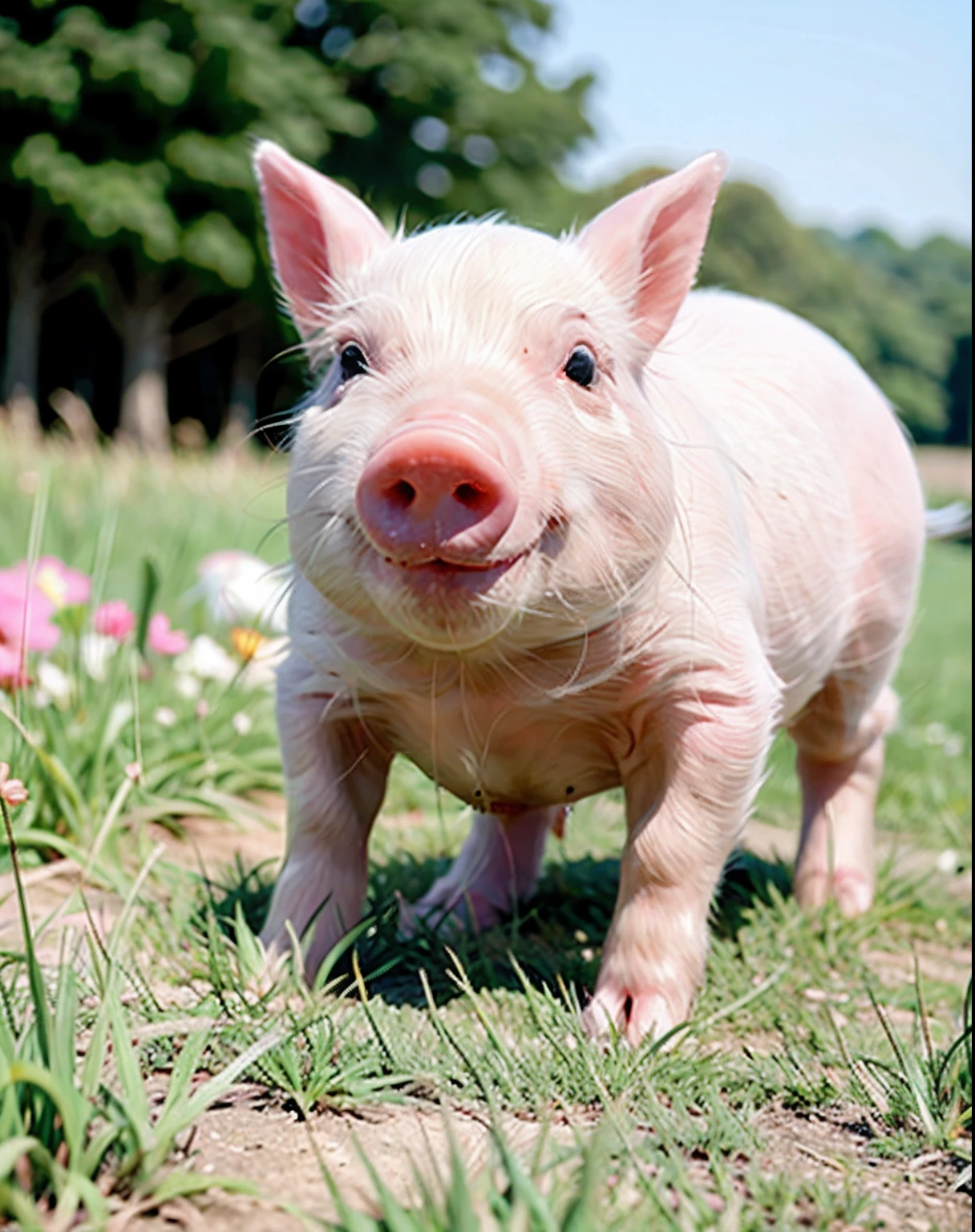 There is a small pig that is standing in the grass - SeaArt AI