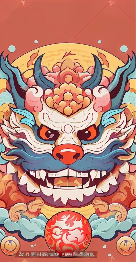 A cartoon dragon with a red ball in its mouth, psychedelic laughing demon, oni mask, Dragon face, asura from chinese myth, ancient china art style, demon samurai mask, yellow dragon head festival, detailed digital illustration, super detailed color art, Or...