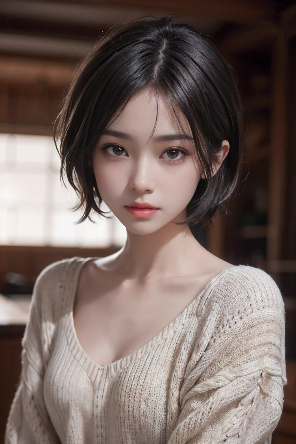 A woman with a short black hair and a sweater - SeaArt AI