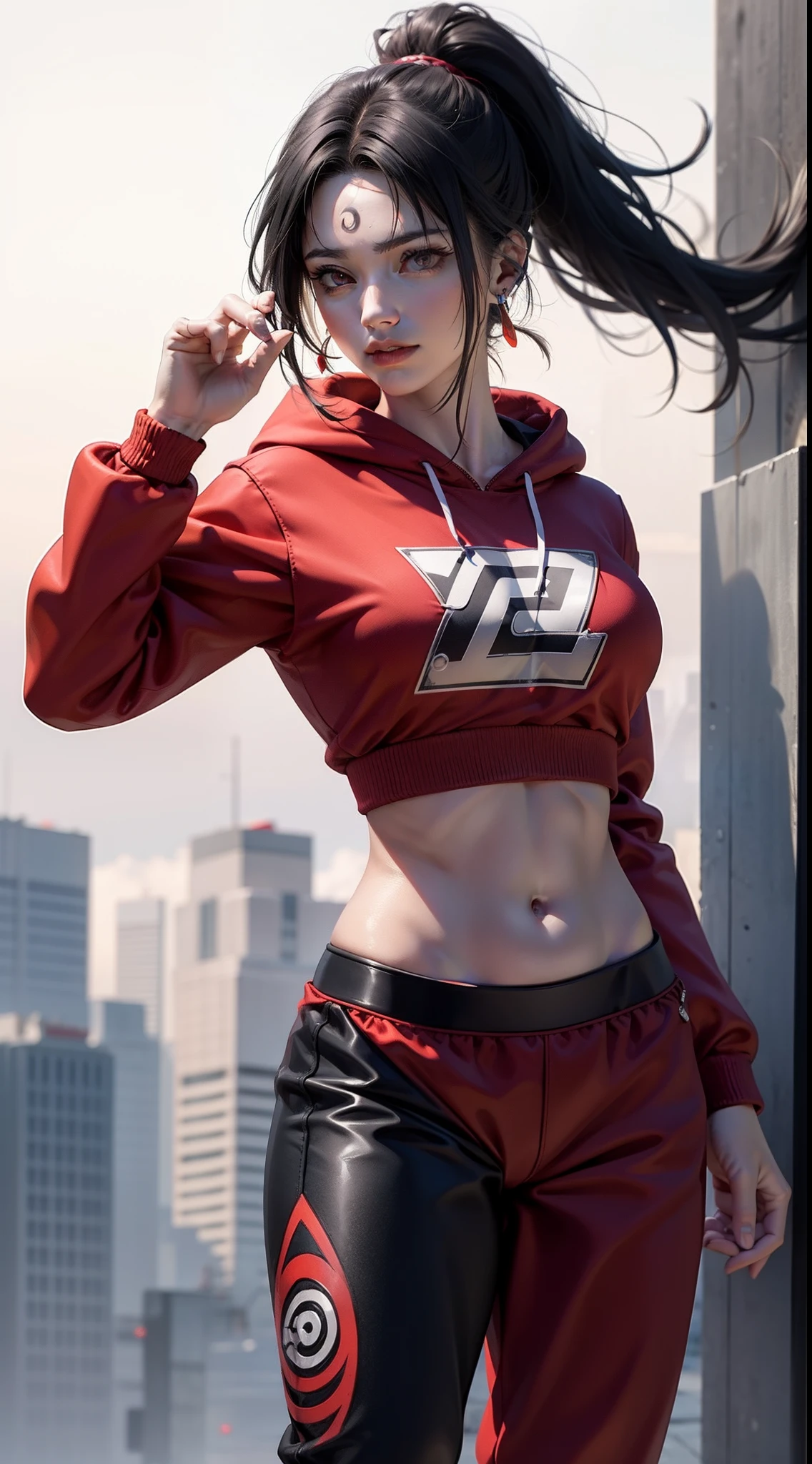 kurenai from anime naruto, dark hair, long hair, red eyes, ponytail, wearing mascara, perfect body, perfect breasts, beautiful woman, very beautiful, wearing red nike hoodie, red jogger pants, wearing watch, wearing earrings, wears red nike jordan shoes, be on the football field, Realism, masterpiece, textured leather, super detailed, high detail, high quality, best quality, 1080P, HD, 16k
