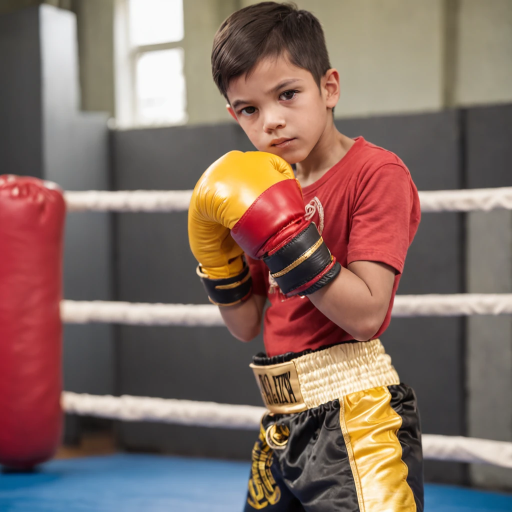 Alafed boy in a yellow shirt and red boxing gloves, in a fighting ...