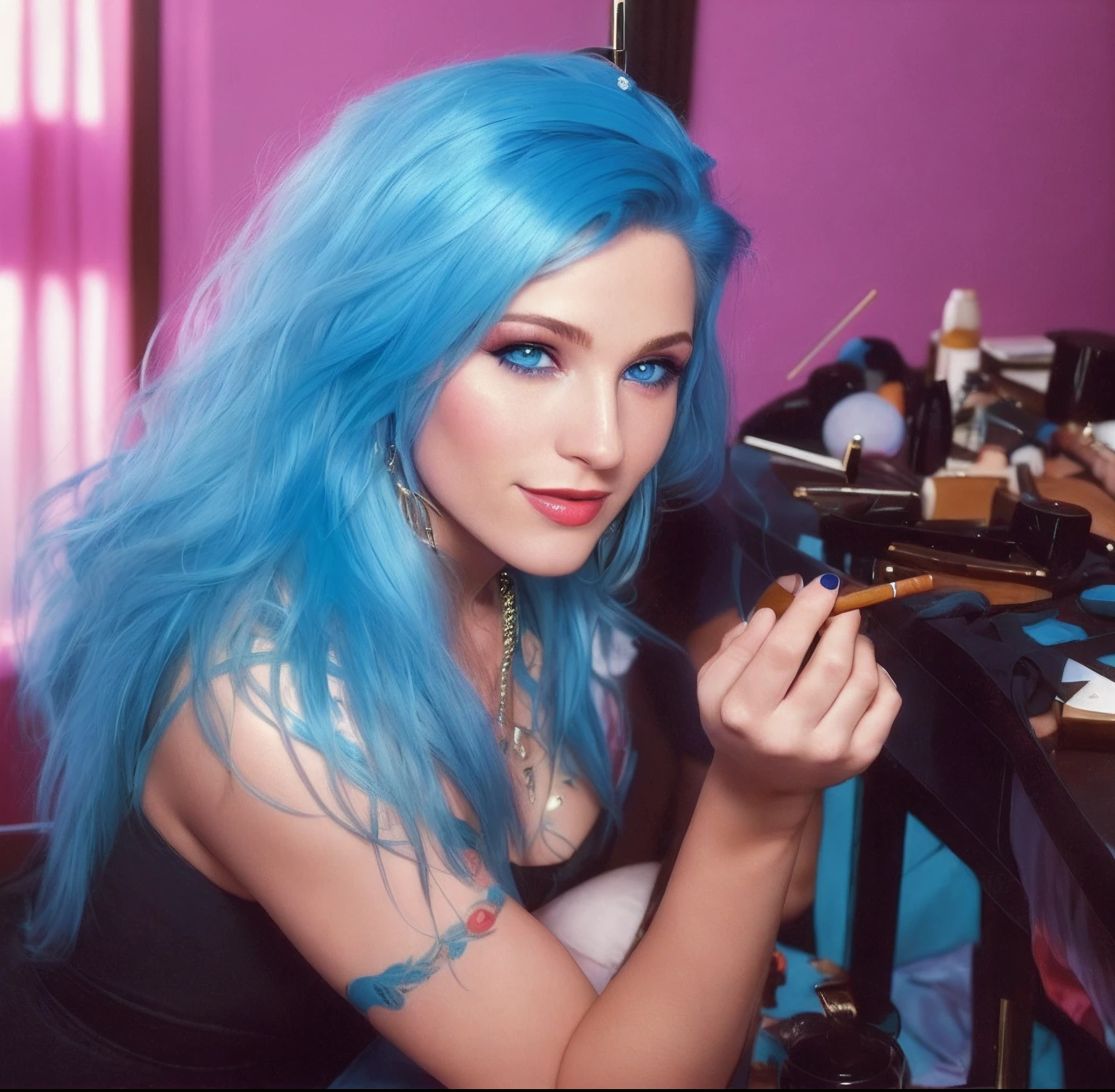 Arafed woman with blue hair sitting in front of a desk with makeup - SeaArt  AI