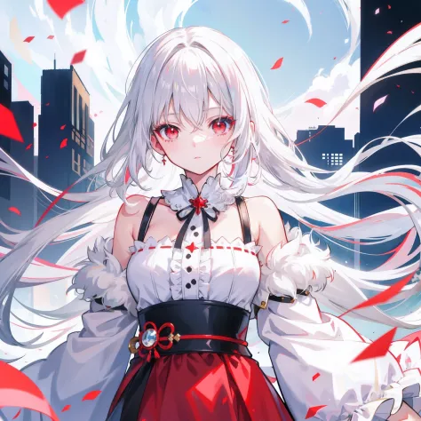 Anime, Girl with White Hair and Red Eyes, Fluffy Clothes, Off Shoulder, Kawahara