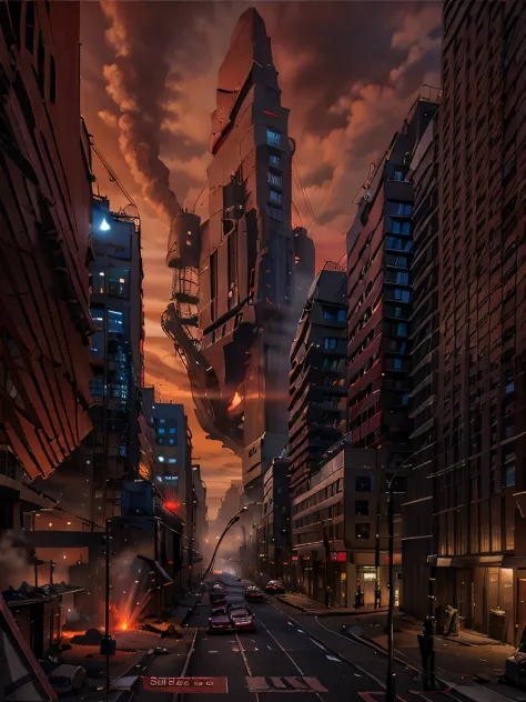 Dark red sky，The end of the world is coming，Red smoke is pervasive，city night scene，Tall buildings are attacked by alien ships，R...