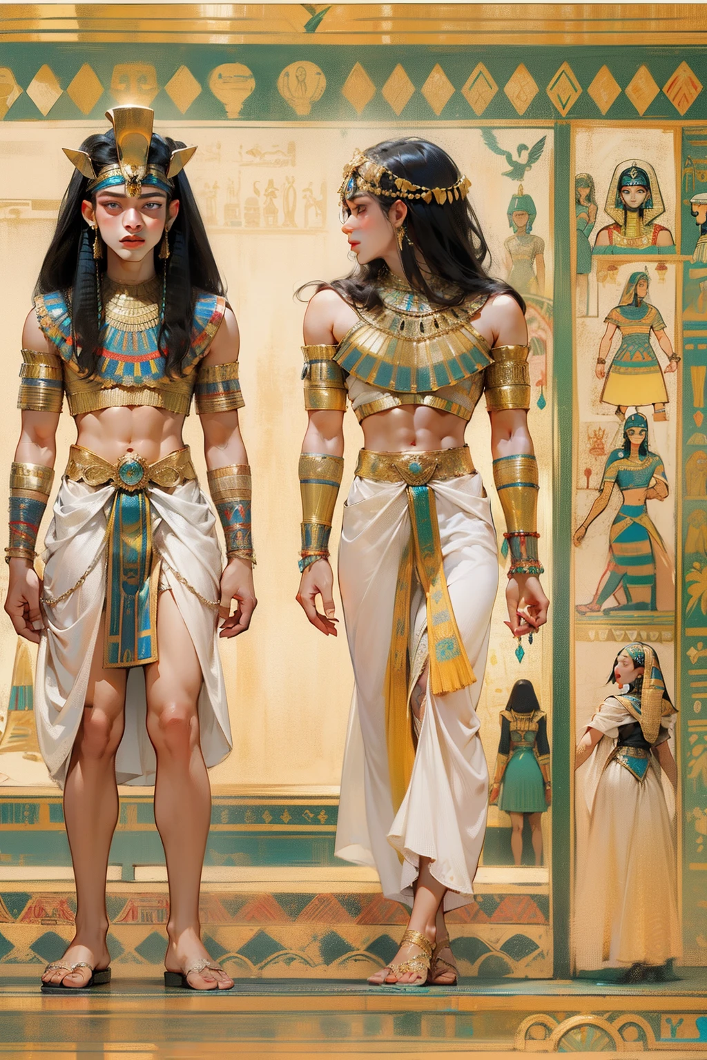 1 man，Man with long black hair，Egyptian attire，Egyptian dress-up，Young men，Egyptian attire，Egyptian dress-up，Black eyes，Elaborate Eyes，beauitful face，Stand by the lotus pond，Meticulous CG，Movie images，Beautiful，skin is smooth and fair，super high image quality，Egyptian pharaoh，Egyptian traditional makeup