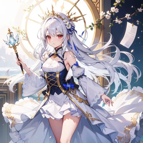 Loli body type girl，Long bright silvery-white hair，Half-crown issuance cards，Gorgeous headband，Red eyes，Blue and white skirt，Lace floral skirt，Golden spear in hand