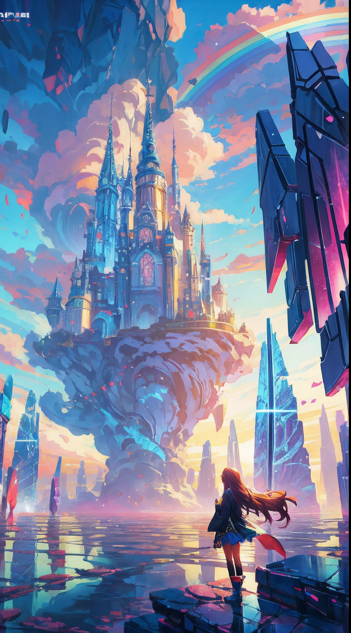 Anime girl standing in big city looking at rainbow sky,Near Future City、 makoto shinkai cyril rolando, anime art wallpaper 4k, anime art wallpaper 4k, Anime art wallpaper 8k, inspired by Cyril Rolando, in the style dan mumford artwork, amazing wallpapers, by Yuumei