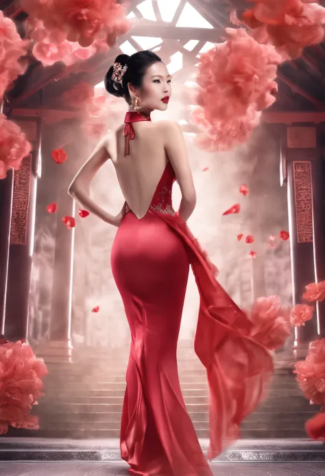 Superb image quality，8K material，Sexy woman，Full body photo，Peerless looks，Chinese face，Wearing a transparent silk cheongsam，Sheer high-slit cheongsam，Crystal sexy heels，simplebackground，Perfect curves and lines，perfect bodies，9 head body，perfectly proport...