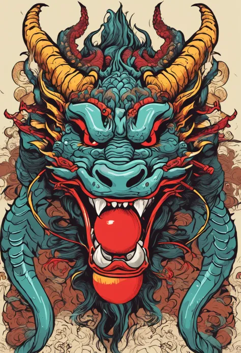A cartoon dragon with a red ball in its mouth, psychedelic laughing demon, oni mask, Dragon face, asura from chinese myth, ancient china art style, demon samurai mask, yellow dragon head festival, detailed digital illustration, super detailed color art, Or...