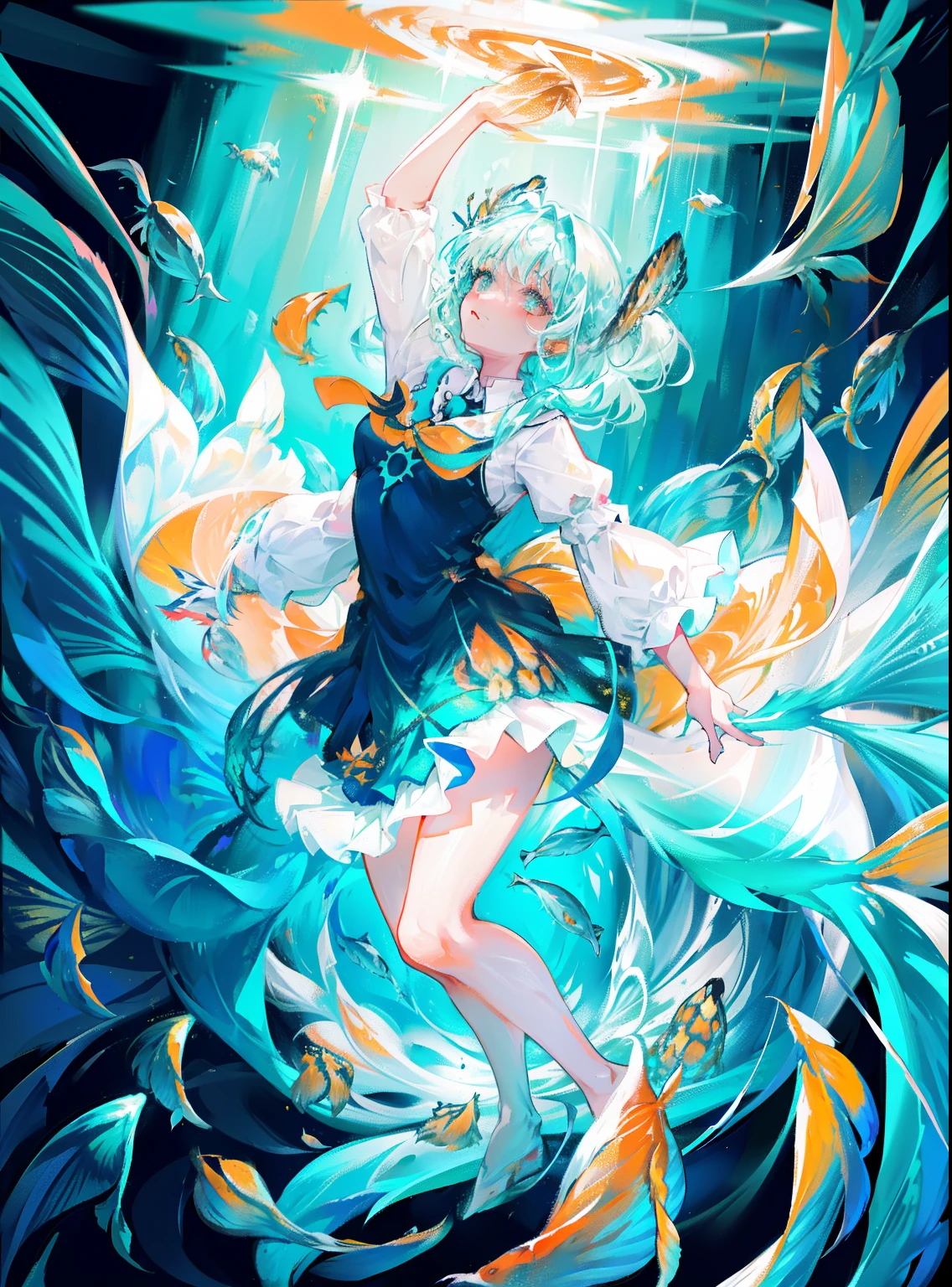 beautiful  woman dancing underwater, ((Surrounded by schools of fish):1.6),dress spraying with colors, paint fanned out, paint splatter,wet, water, rim light, vibrant details, elegant, best quality, style-paintmagic,