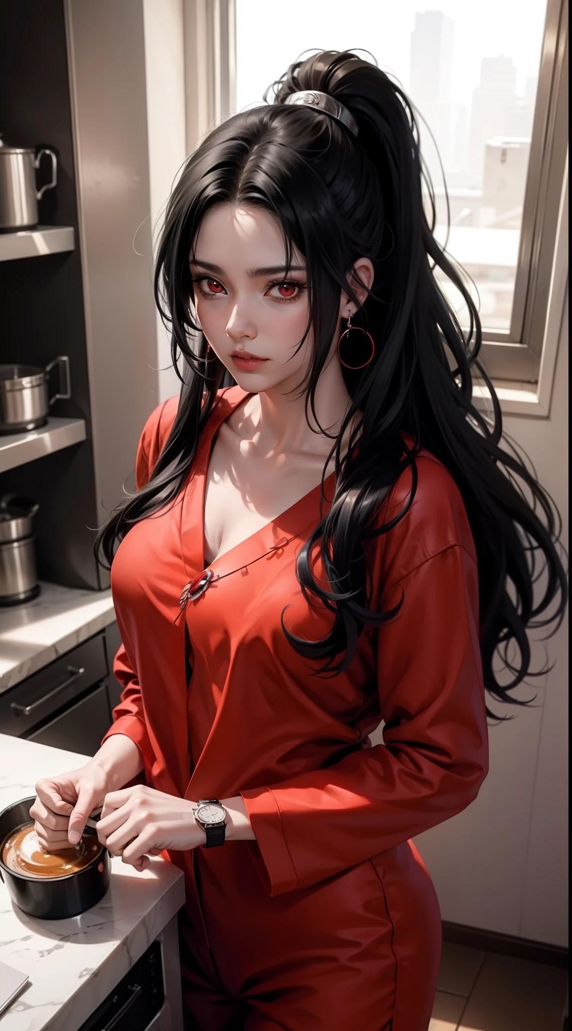 kurenai from anime naruto, black hair, long hair, red eyes, wearing mascara, ponytail hair, perfect body, perfect breasts, beautiful woman, very beautiful, wearing black pajamas, nightgown, pajamas, wearing a watch wearing earrings, in the kitchen, dry kitchen, Realism, masterpiece, textured leather, super detailed, high detail, high quality, best quality, 1080P, HD, 16k