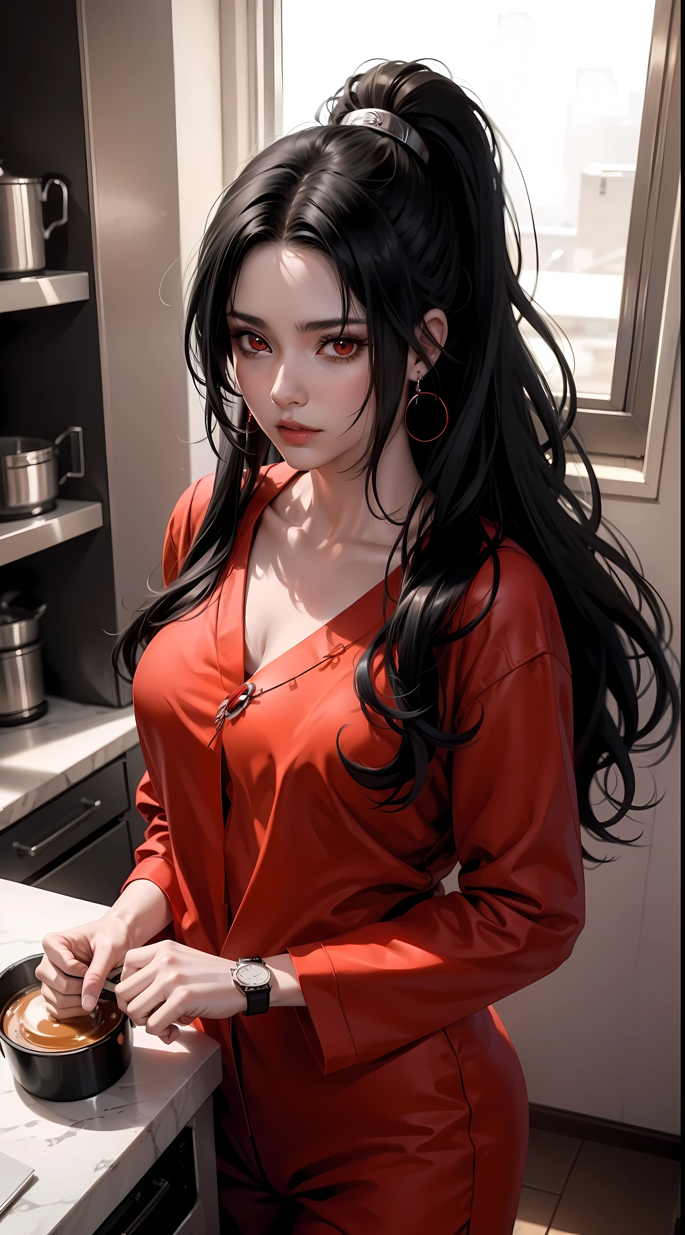kurenai from anime naruto, black hair, long hair, red eyes, wearing mascara, ponytail hair, perfect body, perfect breasts, beautiful woman, very beautiful, wearing black pajamas, nightgown, pajamas, wearing a watch wearing earrings, in the kitchen, dry kitchen, Realism, masterpiece, textured leather, super detailed, high detail, high quality, best quality, 1080P, HD, 16k