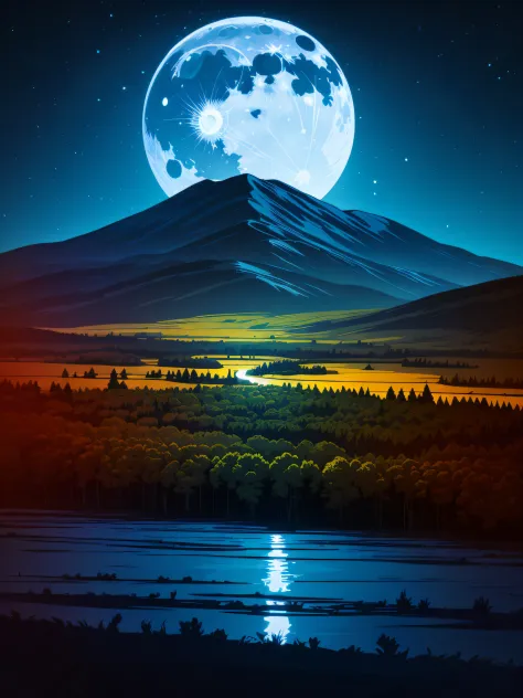 a beautuful landscape full moon, mountain, hills, blue moon, forest, trees, night