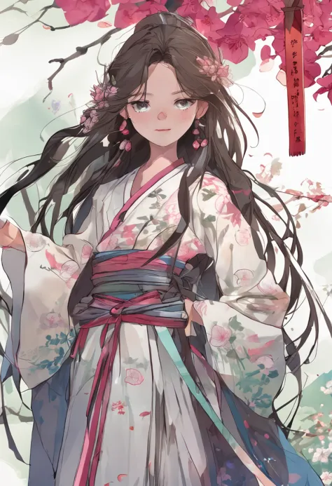 Brunette teenager，Oriental costumes，long whitr hair，Slender figure，Bamboo and orchids，aquarelle，Long Gun