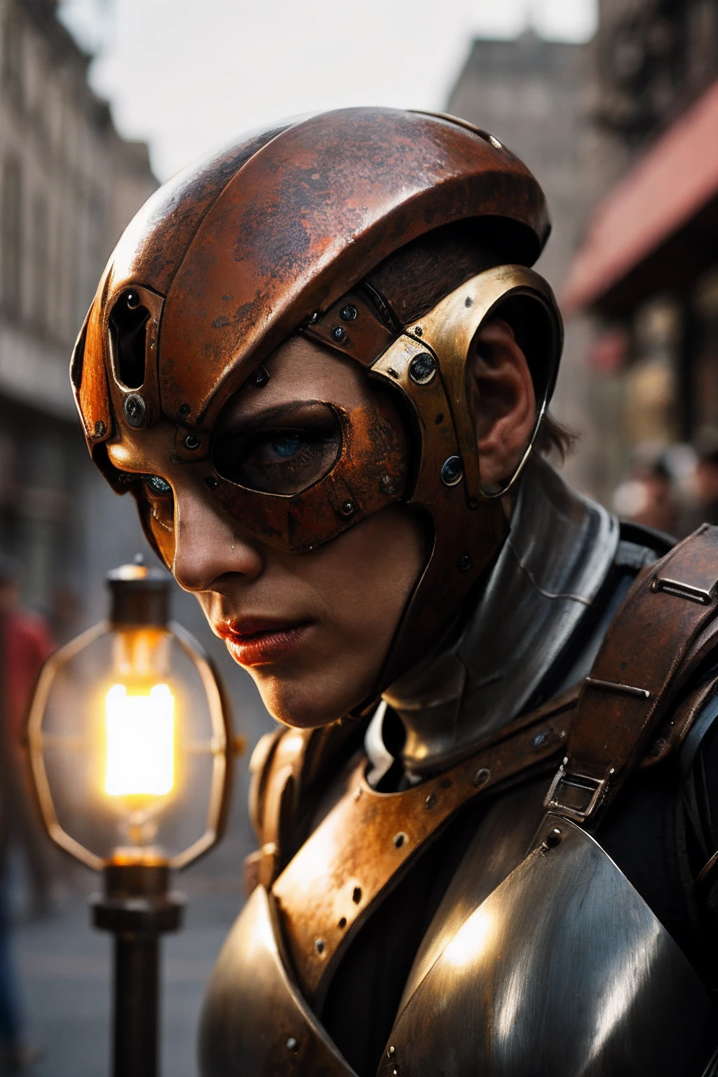 Portrait of Minotaur metal gear alien in metal suit, ((light bokeh)), intricate, (steel metal [rust]), elegant, sharp focus, photo by greg rutkowski, soft lighting, vibrant colors, (masterpiece), ((streets)), (detailed face:1.1), eye iris