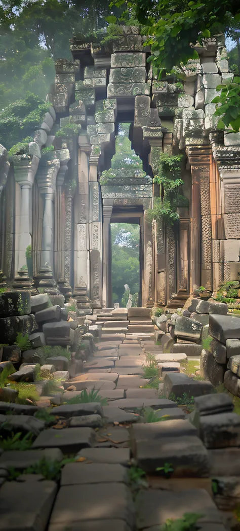 There is a stone path leading to the stone building, mysterious temple setting, ancient ruins in the forest, Ancient temple ruin...