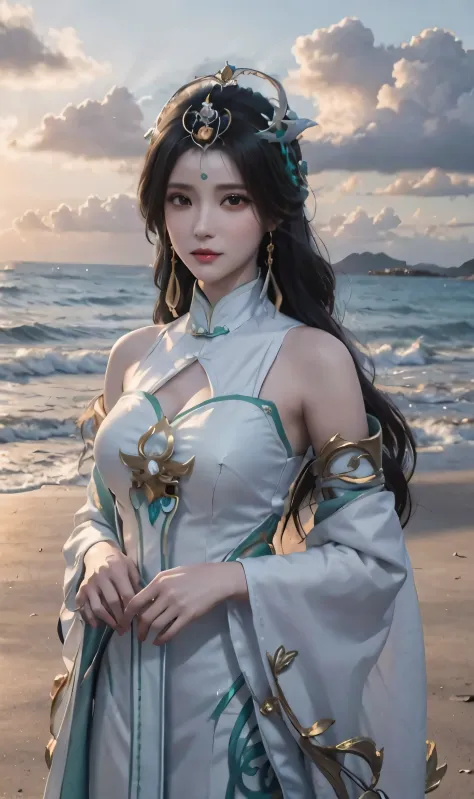 photorealistic，a woman in a white dress standing on a beach next to the ocean, anime goddess, queen of the sea mu yanling, white...