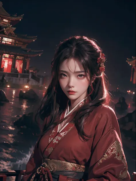 (zwd),1lady standing,full bodyesbian,(looking at viewert:1.5),detailed face,detailed eyes,dramatic lighting,red theme,hanfu,tang...