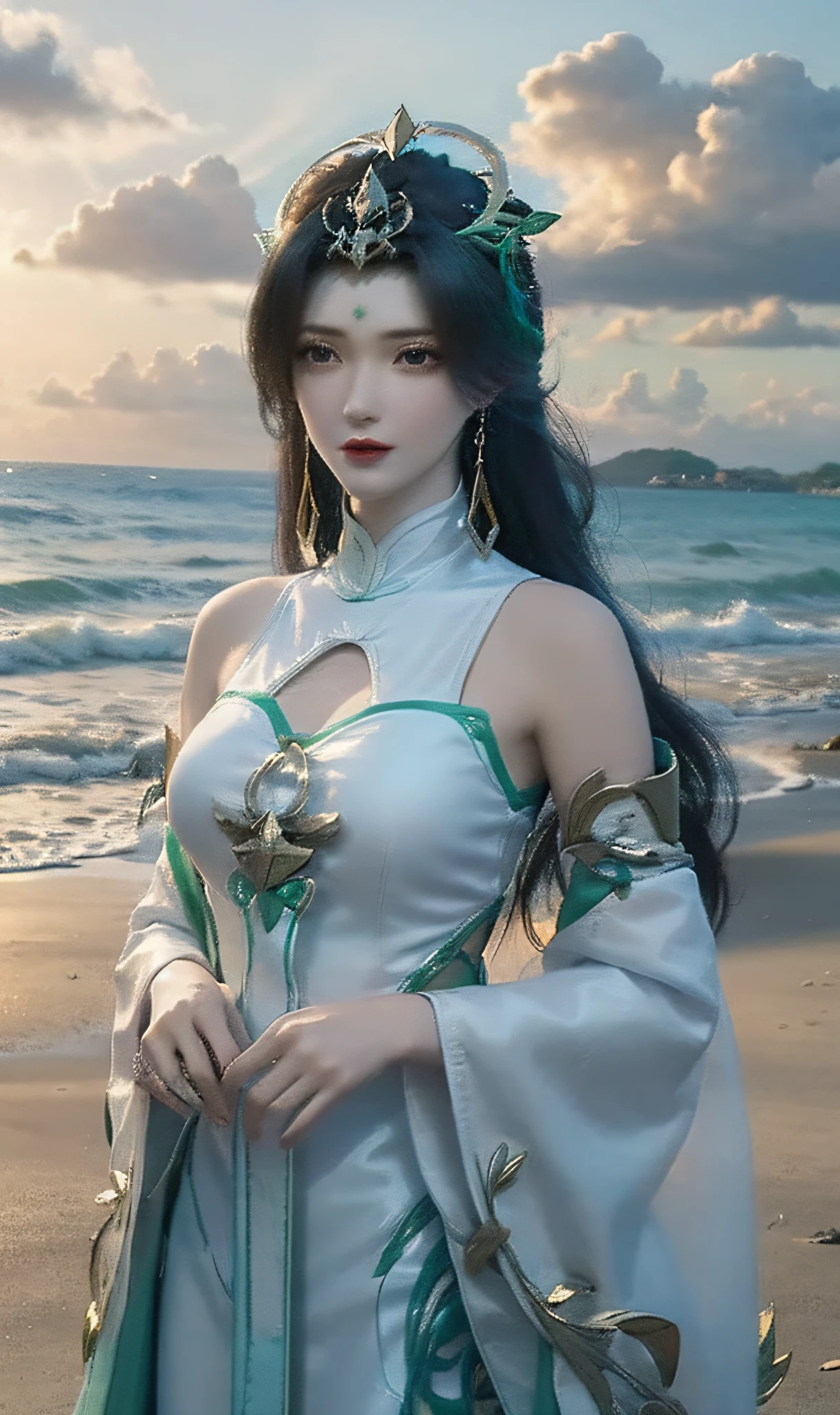 Photorealistic，a woman in a white dress standing on a beach next to the ocean, Anime goddess, queen of the sea mu yanling, White Hanfu, a beautiful fantasy empress, Anime girl cosplay, full-body xianxia, Inspired by Lan Ying, Irelia, Anime cosplay, Ruan Jia and Artgerm, by Yang J, Beautiful and elegant queen