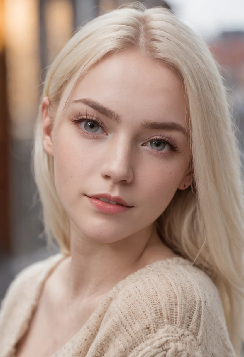 Close-up shot, 55mm canon lens, volumetric lighting, Fujifilm XT3 lens, upper body portrait, 2m away,picture taken infront, sitting at a cafe a young teenager from Northern Europe, 18 years old, big breasts , naked, under a sweater, happy, cute face, albino skin, blonde eyebrow, very light blonde hair, ponytail haircut, wearing contemporary clothes, Norwegian city in the background, at a restaurant outside, cold night, High resolution image, detailed texture, realistic depth of field