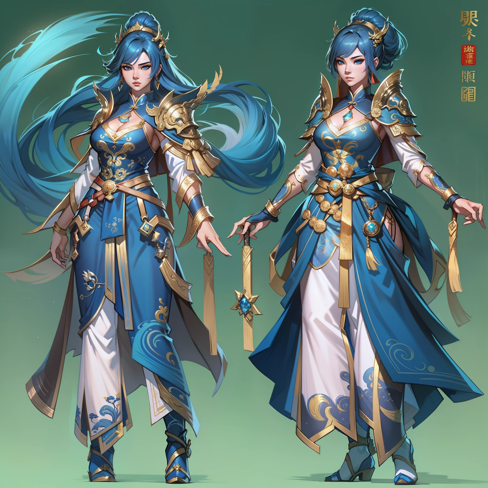 Close-up of a short woman in her 30s, Blue eyes and navy blue hair, Wearing a blue and black dress dress, Blue-eyed Chinese queen, Female swordsman, China Princess,Xian Xia whole body, Standing in a Chinese temple, new costume concept design, In the style of blade and soul, full body character concept, Detailed character design, inspired by Yang Jin, inspired by Li Mei-shu, lunar themed attire, golden outfit, inspired by Ju Lian, colored concept art, Highly detailed character design, Highly detailed face, Inspired by Ai Xuan, very highly detailed face, unreal engine rendered, final fantasy 14 style