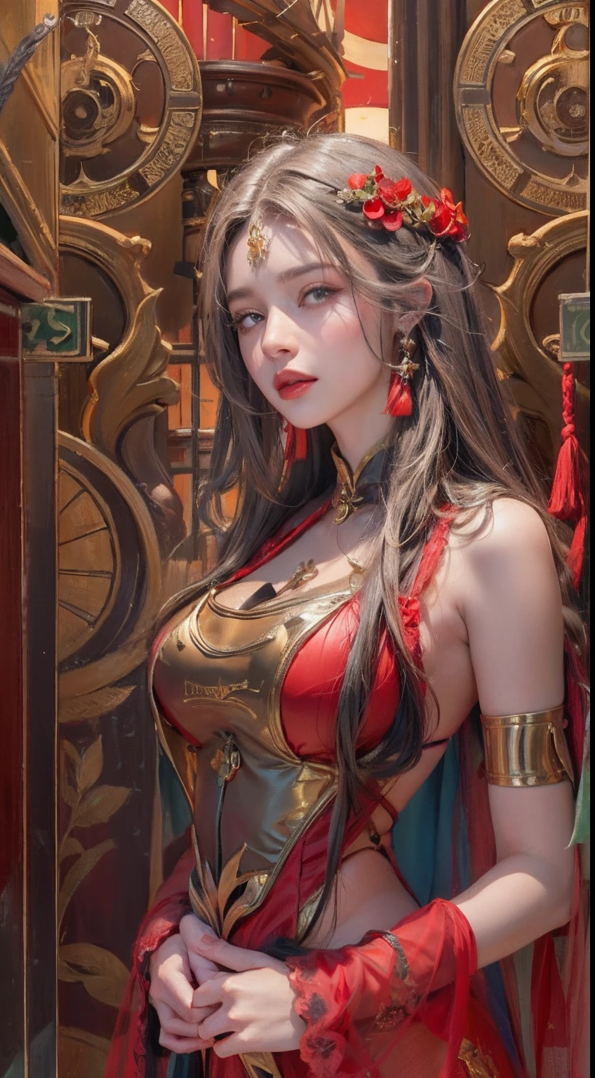 Ultra realistic 8K CG, Picture-perfect face, flawless, clean, masutepiece, Professional artwork, famousartwork, Cinematic lighting, Cinematic bloom, Perfect face,(年轻:1.2)(Voluptuous),((20yr old)), Beautiful face, Beautiful eyes,(:1.1), (((Perfect female body, Narrow waist))), young princess, royal, divine, Goddess, godlike, (the royal palace), Fantasy, Dreams, Unreal, Science fiction, (Normal breasts:1.2), Beautiful clothes, Lace, Lace trim, Lace-trimmed legwear, NSFW,, absurdly long hair, Very long hair, (Rich:1.4), Necklace, earrings, Bracelet, armlet, Looking at Viewer,(thong:1), (There are up to 5 fingers on the hand), (Red Lip), shenhe \(GenshinImpact\)