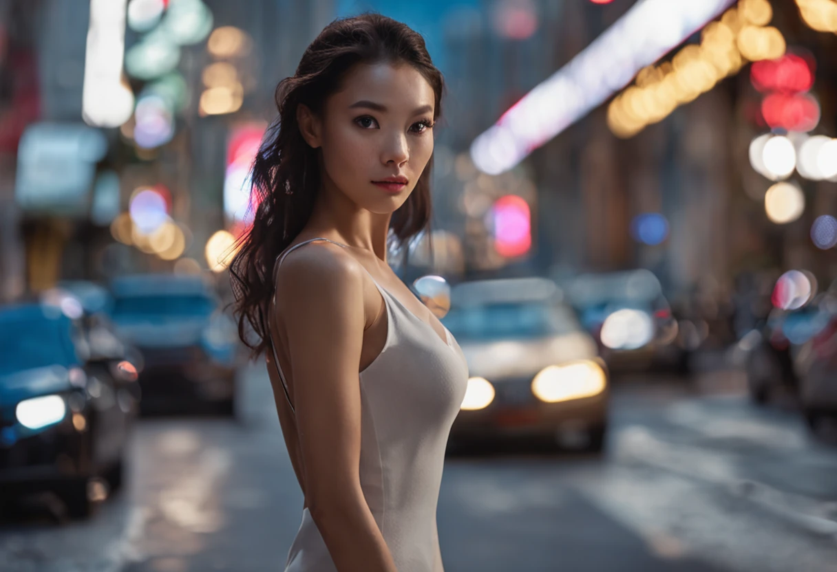 ((Realistic lighting, Best quality, 8K, Masterpiece: 1.3)), Clear focus: 1.2, 1girl, Perfect body beauty: 1.4, Slim abs: 1.1, ((dark brown hair)), (White dress: 1.4), (Outdoor, night: 1.1), City Street, Super Fine Face, Fine Eyes, Double Eyelids, (Over the knee black stockings: 1.5)