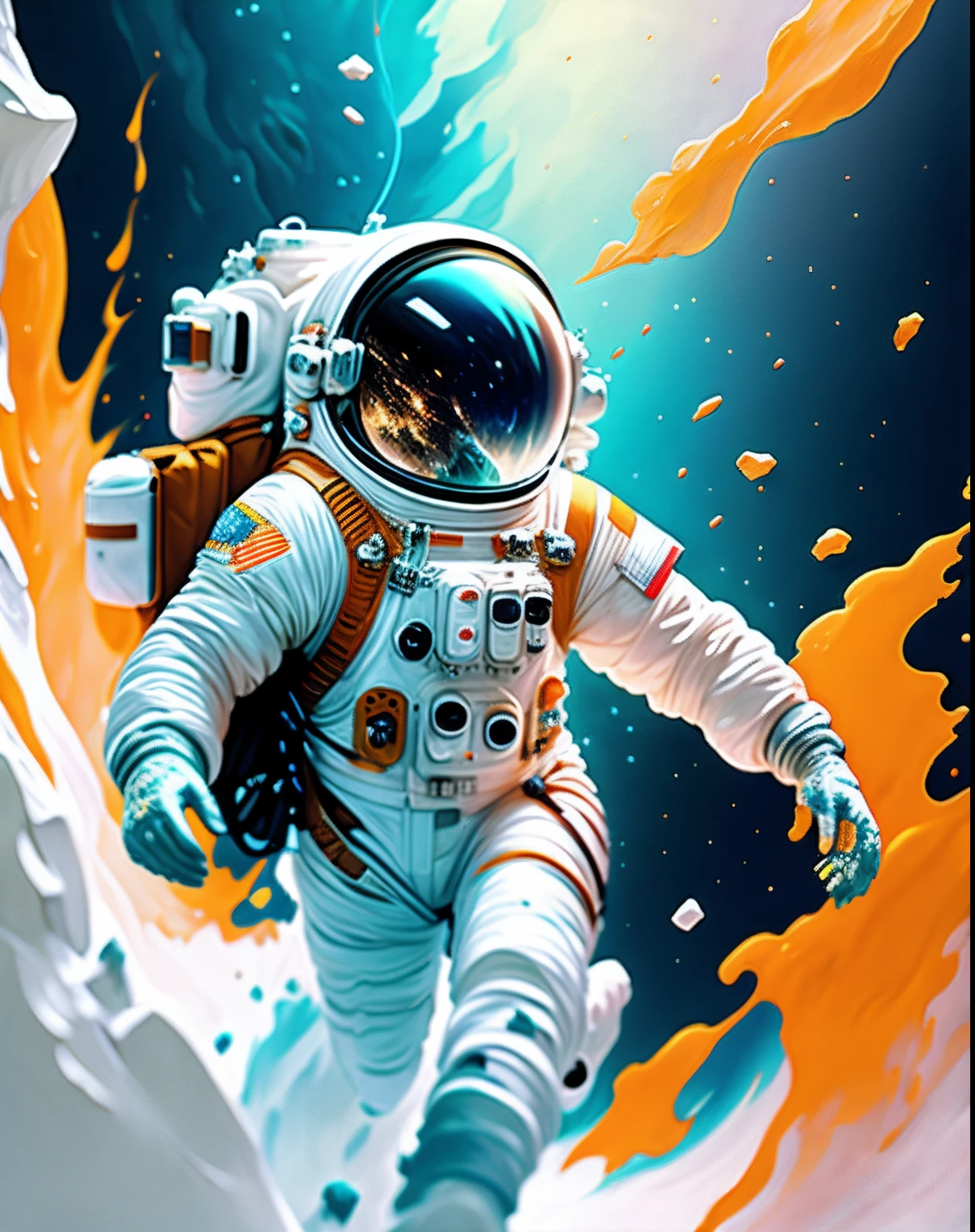宇航员,  攀登小行星,  角色渲染, 超高品質模型, 空灵背景, 抽象美, 爆炸物體積, 油畫, 重击, 油漆滴落