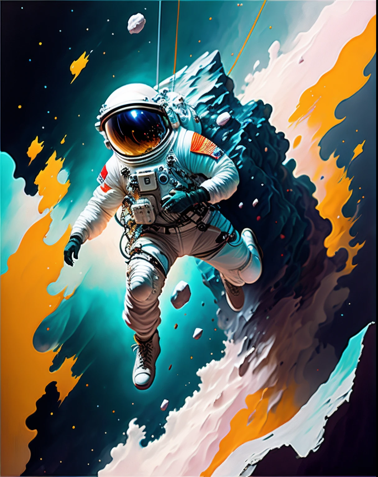 宇航员,  攀登小行星,  角色渲染, 超高品质模型, 空灵背景, 抽象美, 爆炸体积, 油画, 重击, 油漆滴落