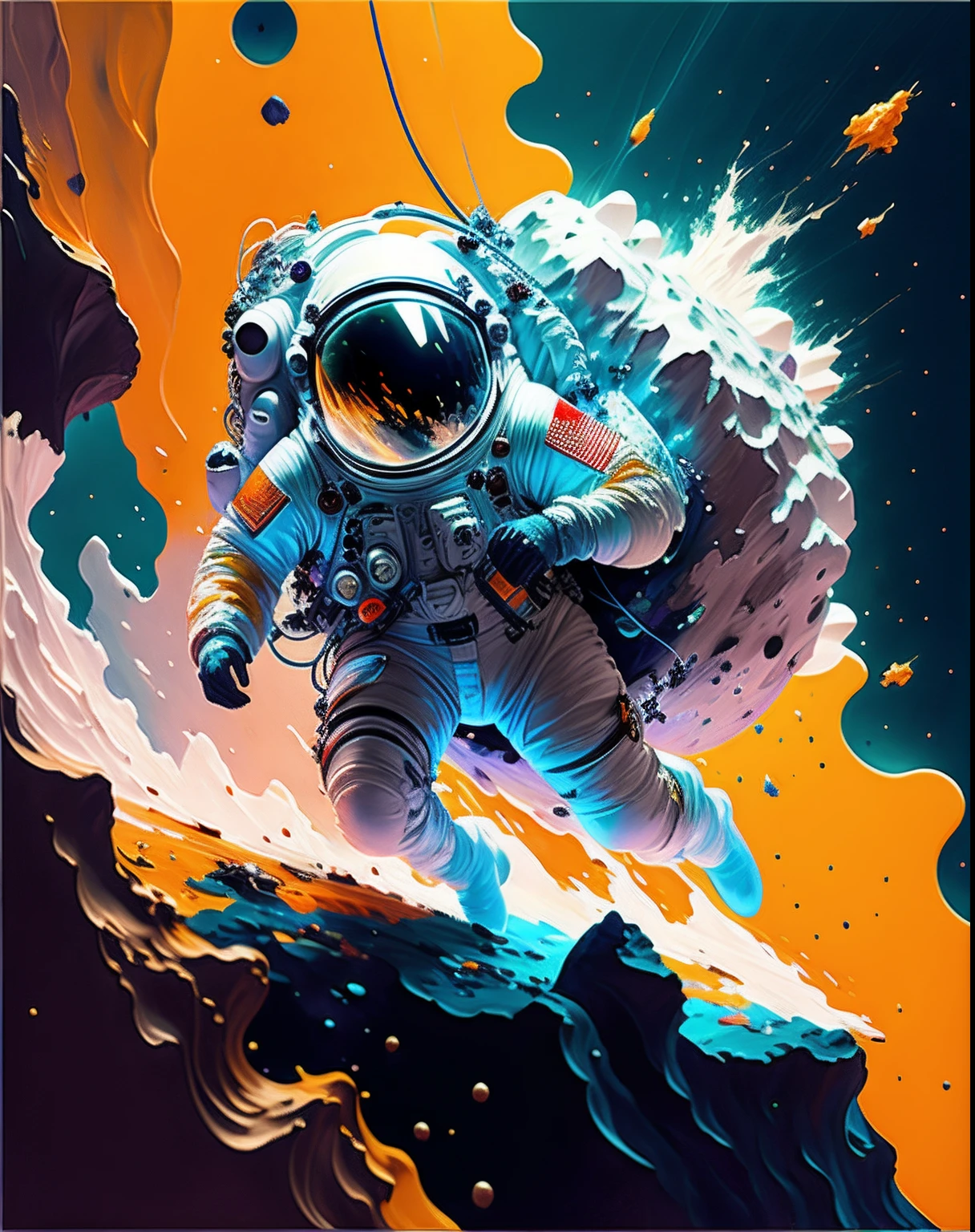 Astronaut,  den Asteroiden besteigen,  Charakter-Rendering, Modell von extrem hoher Qualität, ätherischer Hintergrund, Abstrakte Schönheit, explosive volumetrische, Ölgemälde, schwere Schläge, Farbe tropft