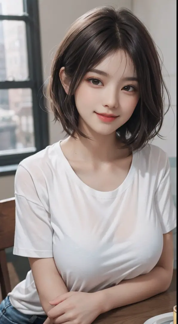 tmasterpiece，top-quality，超高分辨率，（photograph of-realistic：1.4），（（1个Giant Breast Girl，Fair skin：1.4，Look up at the viewer，19years old，prette，adolable，brunette color hair，Bob_cut，cabelo curto com franja）），A girl with a perfect figure，Large semi-sheer T-shirt，c...