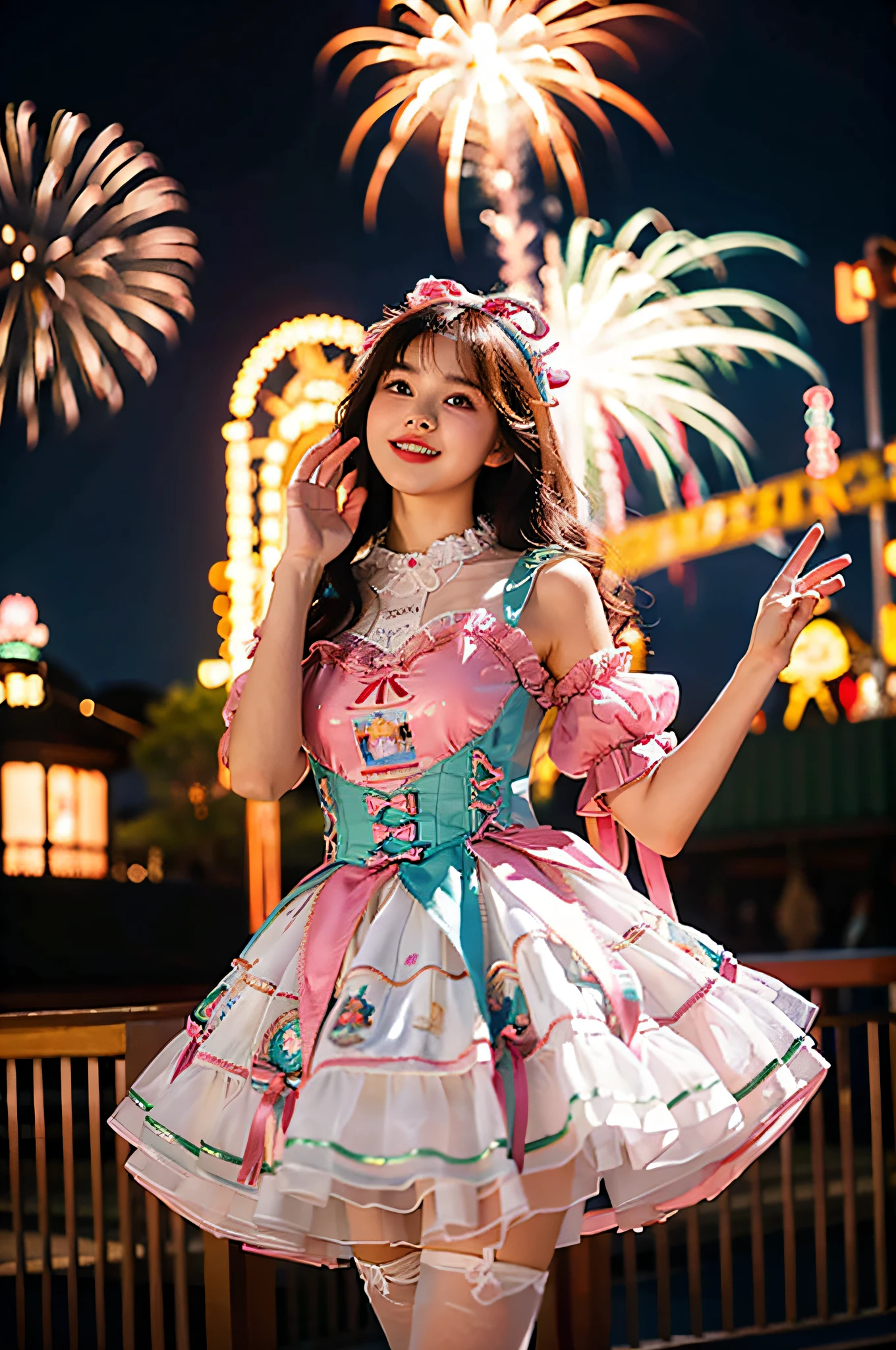 ((masterpiece)), (best quality), 8k, high detailed, ultra-detailed, At night, a 24-year-old woman wearing a pink Lolita dress and white stockings, ((dreamlike atmosphere: 1.1)), enchanting and whimsical style, masterpiece, raw, scene resembling a fairytale illustration, intricate details showcasing the frills and delicate design of the Lolita dress, Subtlety, Dreamlike Aesthetic, Magical, Whimsical, white stockings adding a touch of elegance, Subtlety, Dreamlike Aesthetic, 'romantic, ethereal, enchanting, mesmerizing, whimsical, magical', colorful fireworks illuminating the sky, creating a breathtaking display of light and color, Realism, VFX, FXAA, TXAA, RTX, SSAO, Shaders, No noise, Ambient Lighting, Tone Mapping, Sparkling fireworks, high resolution, ultra HD, megapixel, (8k resolution: 1.10), 8k, 8kres, 8k res, high details, intricate details, a look of wonder and awe on her face, (high quality: 1.2, masterpiece: 1.2, : 1.21), (24-year-old woman: 1.21), (raising her hand to the sky, following the path of the fireworks), (giggling with excitement), (surrounded by the magical atmosphere of the amusement park), as she stands in the amusement park, dressed in her pink Lolita dress and white stockings, she becomes captivated by the mesmerizing fireworks display, her eyes filled with wonder and joy,