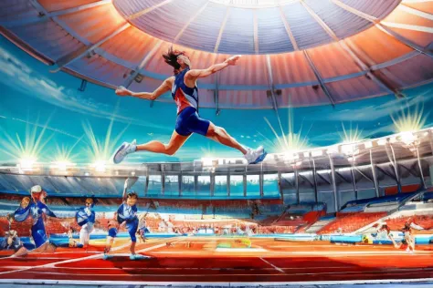 Chinese female athletes jumping in the air in a stadium, The background is translucent，author：Marvern Gray Johnson, ultra - high...