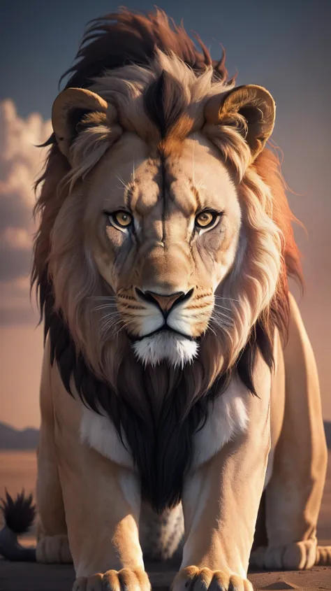 a beautiful and fearless lion with a beautiful mane in super realistic 8K 3D. horizontal image in 16.9
