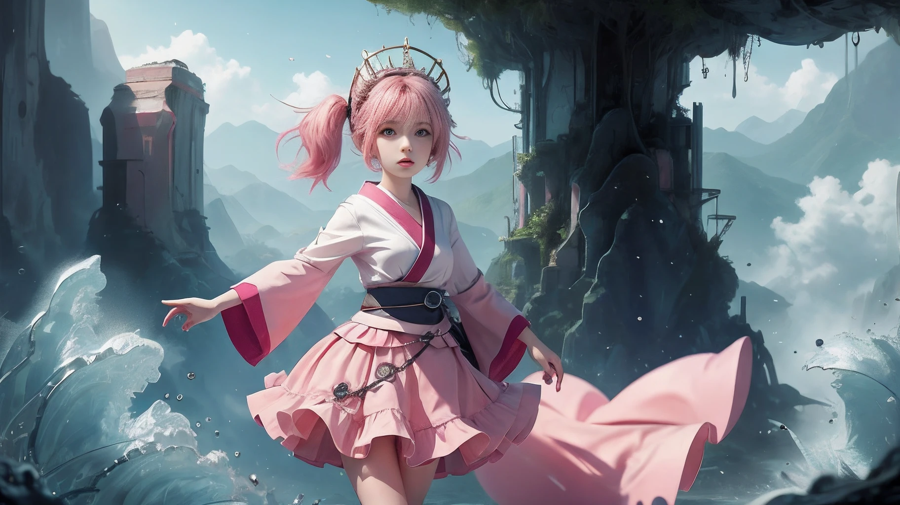 Japanischer Anime-Stil，Ganzkörperfoto einfacher Hintergrund, süßer Körpertyp, pinkes Haar, blau-rosa Puffrock, ein Kätzchen, das eine Tasche um die Hüfte hängt, ein Kätzchen auf dem Kopf, Bollingbling, große Augen, Kleines rundes Gesicht, Kurze Figur