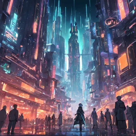 A futuristic cyberpunk cityscape at night with towering neon-lit skyscrapers, flying cars, and a diverse crowd of humans and androids, in a highly detailed digital painting reminiscent of Blade Runner.
