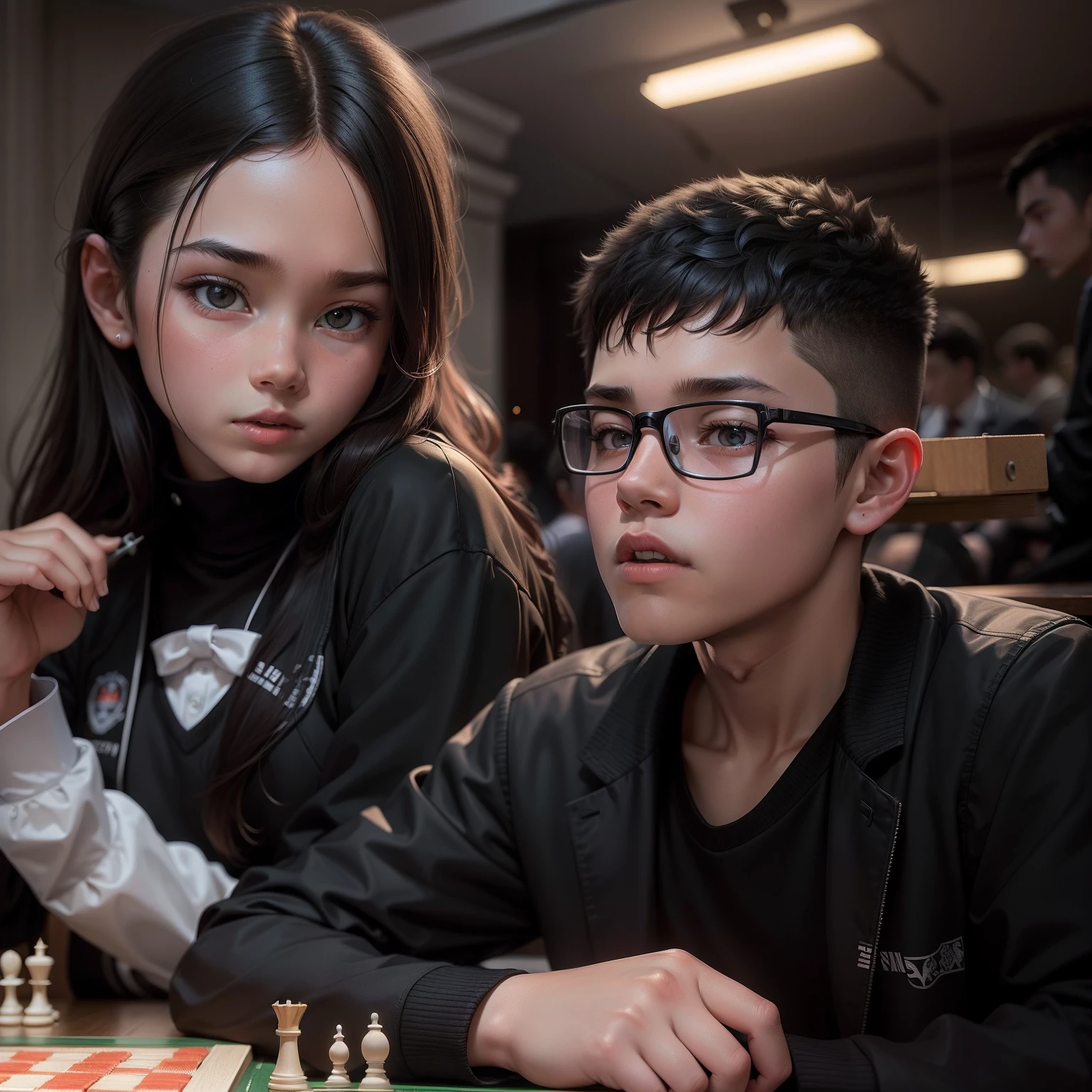 Boy wearing school shirt and black coat playing chess against someone, some people and a cute school girl watching the game,