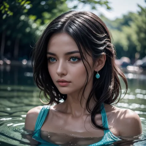 A grace and tranquility Russian woman with a serene and gentle presence, Her hair could flow in loose waves or cascades, Her eyes might have a serene and deep gaze,She could wear a flowing gown in shades of blue or aqua,The overall demeanor would exude a s...