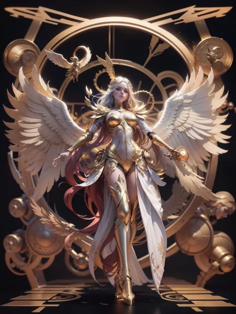 ：Mechanical style，golden theme，（1 mechanical female angel，anatomy correct，full bodyesbian，Golden wings，standing on your feet，circular base），Black and white background，（3Drenderingof，best qualtiy，the detail，tmasterpiece，Social art，Cinematic lighting effects...