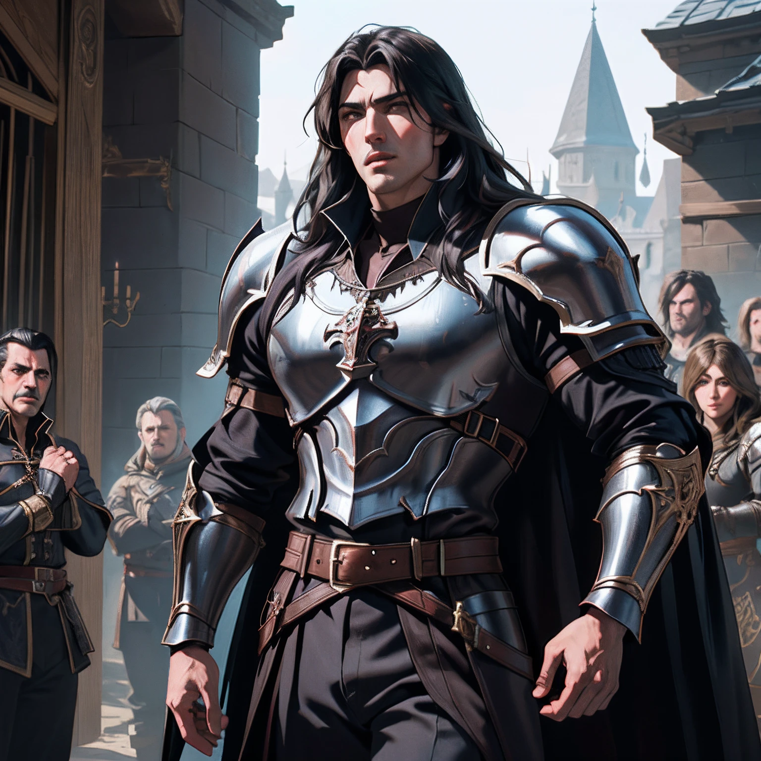 Castlevania Lord of the shadows hyper realistic super detailed Dynamic shot master piece muscular handsome warrior leather Armor Wear with his army medieval Arabian cinématique scènes movie Epic Legendary