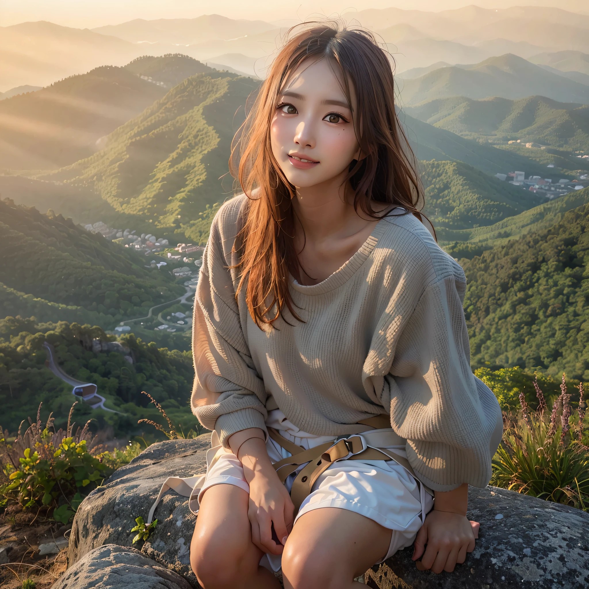 Naturescape photography, (Best Quality, hyper realistic:1.2), (Very detailed scenery), crepuscular rays, Magnificent mountain, sea of clouds, On a very high mountain peak, A clear sky, Fantastical, A woman watching the sunset, ((upper body)), (white t-shirts, Trekking shorts, trekking boots, rucksack), (ultra delicate face, ultra Beautiful fece, ultra delicate eyes, ultra detailed nose, ultra detailed mouth, ultra detailed facial features), Beautie, 18year old, Shy smile, Realistic body, Sitting on a rock