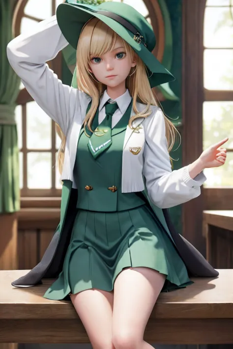 。.3D, 1girll,  full bodyesbian,  tmasterpiece, Best quality at best, 8K, detailed skin textures, Detailed cloth texture, Beautiful detailed face, intricately details, ultra - detailed，blond hairbl，Slytherin school uniform，teens girl，Hogwarts background，lon...