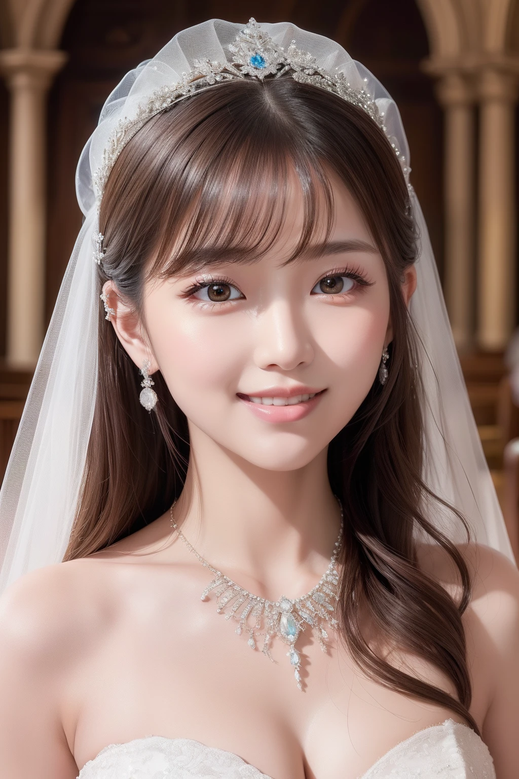 Outrageous resolution、hight resolution、(​masterpiece:1.4)、ultra-detailliert、Crisp details、Upper body view、Dramatic and photorealistic pictorial art、Woman in pure white wedding dress、gorgeous hair decoration、Glittering necklace、Wedding in a beautiful church、Side attendees、Shy smile、