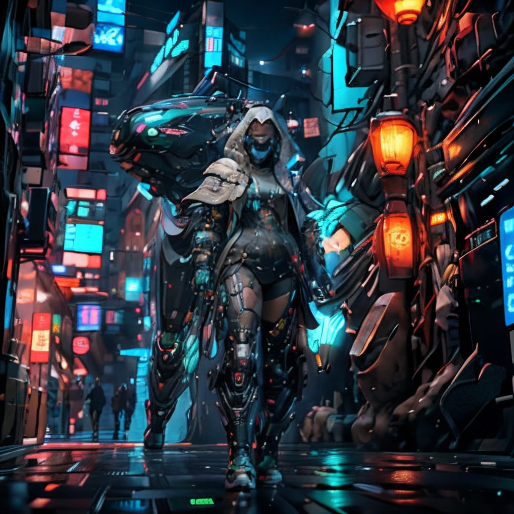 un primer plano de una persona con una sudadera con capucha y zapatos verdes, Increíble arte conceptual de personajes en 8K, personaje distópico de ciencia ficción, personaje de ciencia ficción, mecanoide cyberpunk de moda, diseño de personajes ciberpunk, estilo cyberpunk apagado, cyberpunk character, vestido con armadura cibernética, mecha guerrero futurista saudí, traje ciberpunk, arte conceptual feng zhu, Caballero ciberpunk, iluminación desde un lado, iluminación suave, grano de partículas, renderizado con octane render, máscara de cara de robot