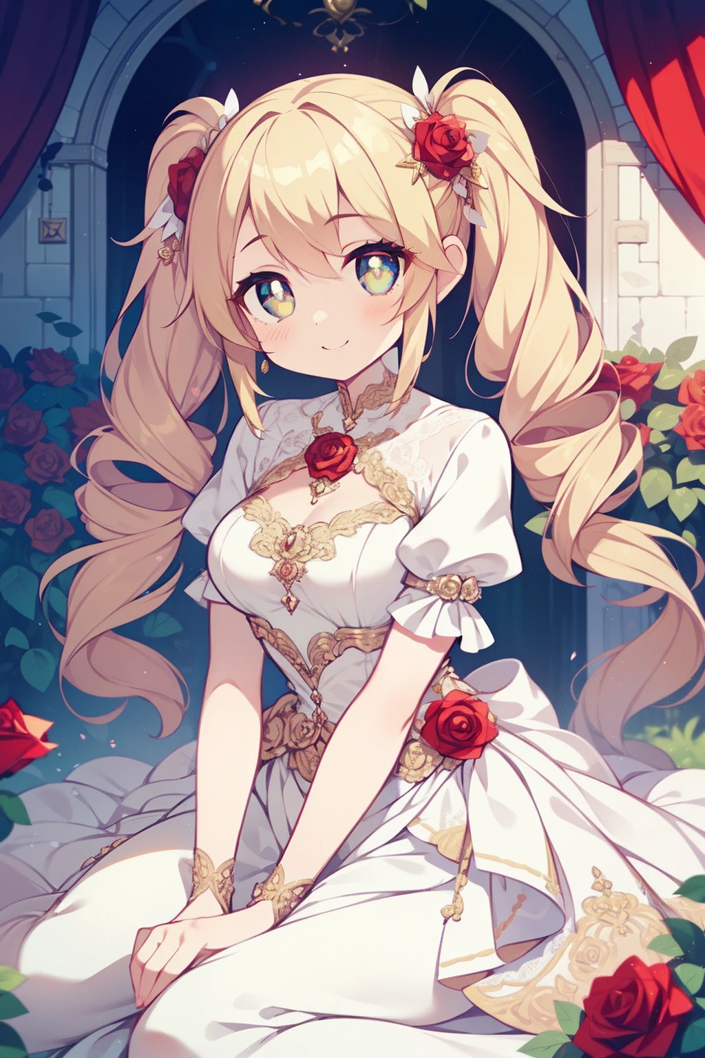 1girl in, Solo, Perfect body, (Super Detail:1.1), (Best Quality:1.1), Cute Girl, Lori, Gamine, Golden eyes, (Ultra-detailed eyes:1.1), (ultra-intricate pupil in eyes:1.2), Standing Picture, Villain Warrant Lady, Luxurious dresses, Rose Accessories, drills twintails, Garden of Roses, Sitting on the lawn, I have a rose, Smiling,