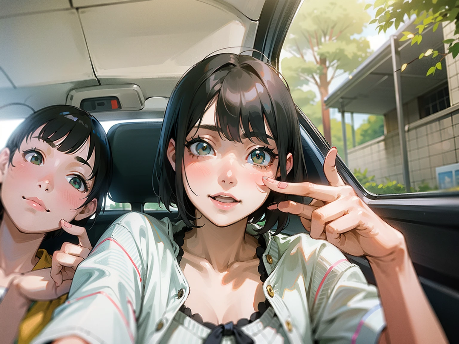 There were two young girls sitting in the car.、One is pointing, hime-cut, chiho, shikamimi, She has black hair with bangs, taken with sony alpha 9, sui ishida with black hair, With short hair, very very low quality picture, 8K selfie photo, Shiori Teshirogi