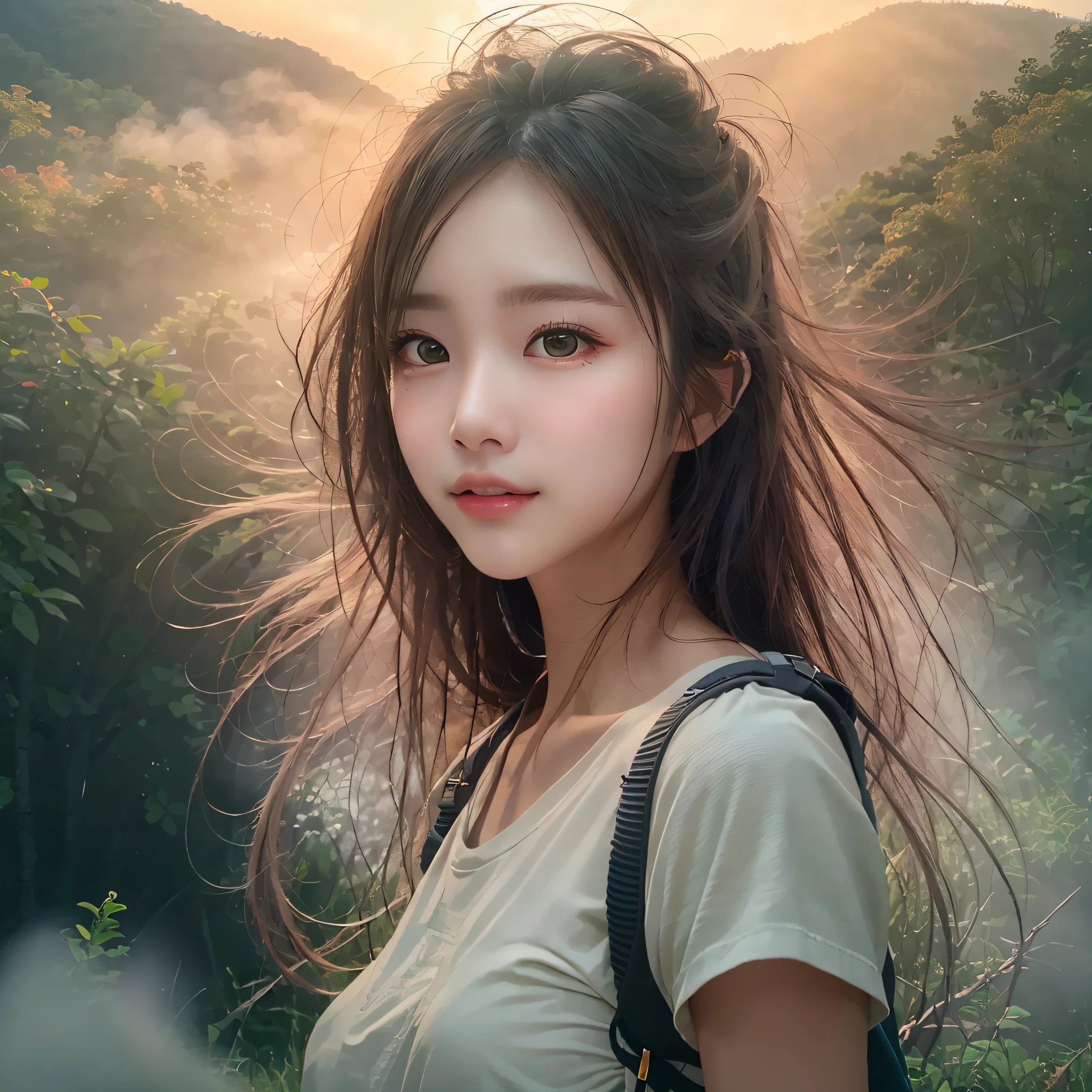 (Naturescape photography), (sharp focus), (Very detailed scenery), (crepuscular rays:0.8), (Magnificent mountain, sea of clouds), (On a very high mountain peak), (Fantastical, sunset), 
((photorealsitic)), (raw photo), (1girl), (18 year old), (Shy smile), (shiny skin), (frontal face), 
(white t-shirts), (Trekking shorts), (trekking boots), (backpack), 
(ultra delicate face), (ultra delicate eyes), (ultra detailed nose), (ultra detailed mouth), (ultra detailed arms), (ultra detailed legs)