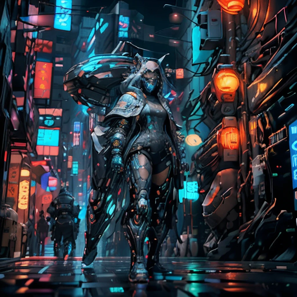 a close up of a person in a hoodedie and full mask, amazing 8k character, dystopian sci-fi character, sci - fi character, fashionable cyberpunk mechanoid, cyberpunk character design, muted cyberpunk style, cyberpunk character (trending at artstation), clothed in cyber armour, saudi futuristic warrior mecha, cyberpunk suit (trending at artstation), feng zhu concept art, cyberpunk knight, lighting from side, soft lighting, particle grain, rendering with octane render, glow neon face mask (artstation), cyberpunk photography, depth of fields, macro f 1.4, Neon light background, neon light, lots of grain, full foggy