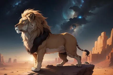 A Studio Ghibli-style illustration of a male lion, brilliant night sky, standing high in the air on the edge of a huge rock in the desert, with a plain dotted with African trees. The lion is roaring. It's looking into the distance, with neck hairs blowing ...